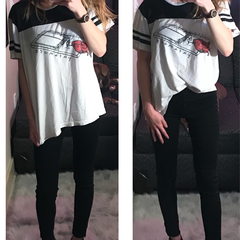 Paramore White T-Shirt with Black Striped Sleeves